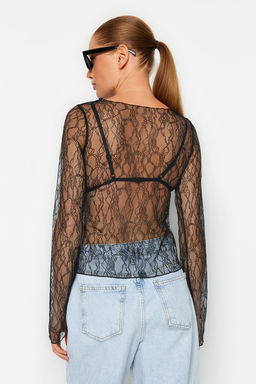 Siyah Regular Fit Kay?k Yaka Dantel Esnek Orme Bluz TWOSS23BZ00795