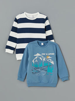 Bisiklet Yaka Bask?l? Erkek ?ocuk Sweatshirt 2li