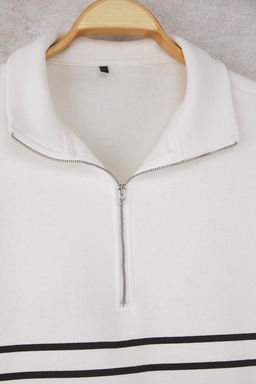 Ekru Cizgili Oversize/Genis Kal?p Fermuarl? Kal?n Ici Polarl? Orme Sweatshirt TWOAW26SW00044