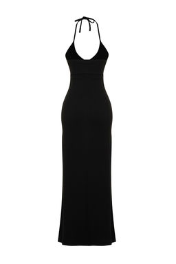 TRENDYOLMILLA Siyah Fitilli Boyundan Baglamal? Bodycone/Vucuda Oturan Maxi Esnek Orme Kalem Elbise TWOSS24EL00293