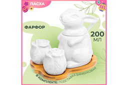 Набор - сахарница 200 мл 15,5*11,5*13 см "Заяц с капустой" с ложкой + солонка+перечница на дер.подст