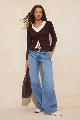 Kahverengi 2li Tak?m Fitted/Vucuda Oturan V Yaka Dugmeli Premium Yumusak Orme Bluz TWOSS26BZ00173 - Trendyolmilla фото 2