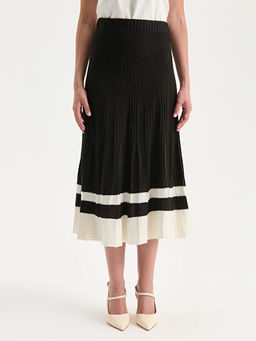 Beli Lastikli ?izgili Pileli Triko Etek