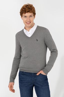U. S. Polo Assn Мужской серый меланжевый базовый трикотажный свитер с v-образным вырезом - U.s. polo assn фото 3