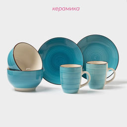 Набор посуды Доляна «Бриз», 6 предметов: кружка 360 мл, салатник 800 мл, тарелка d=19 см, керамика, голубой