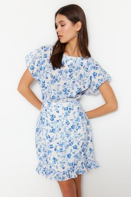 Ekru Cicek Desenli A-Kesim F?rf?rl? Astarl? Mini Dokuma Elbise TWOSS23EL02005