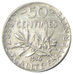 Монета 50 сантимов 1914 года Франция