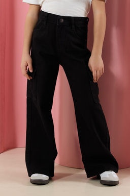 Siyah K?z Cocuk Wide Leg Kargo Cepli Pamuklu Denim Pantolon TKDSS24PL00001 - Trendyolmilla фото 3