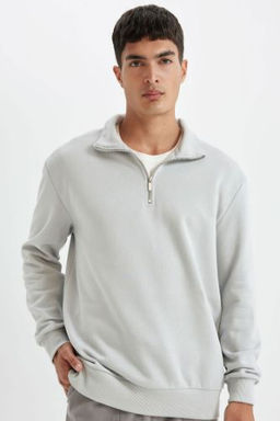 Comfort Regular Fit Rahat Kal?p Dik Yaka Fermuarl? Kal?n Basic Duz Sweatshirt
