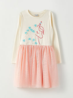 Bisiklet Yaka Pul ??lemeli Uzun Kollu K?z ?ocuk Elbise