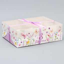 Цена за 5 шт. Коробка для капкейка, кондитерская упаковка, 6 ячеек 8 марта,23?16?7.5 см