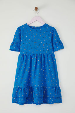 Mavi K?z Cocuk Bask?l? K?sa Kol Dokulu Dokuma Elbise TKDSS25EL00032