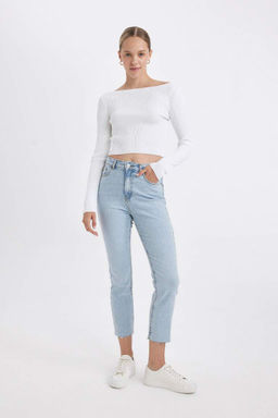 Джинсовые брюки Mary с прямыми штанинами и высокой талией, длиной до щиколотки, потертые - Defacto фото 4