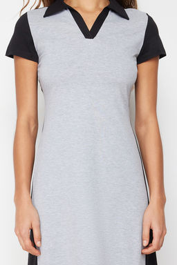 Siyah Polo Yaka Renk Bloklu Skater/Belden Ac?lan Pamuklu Esnek Orme Midi Elbise TWOSS24EL00480