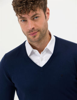 A__k Lacivert Slim Fit V Yaka Basic Triko Kazak - Pierre cardin фото 2