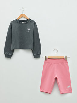 Bisiklet Yaka Bask?l? Uzun Kollu K?z ?ocuk Sweatshirt ve ?ort
