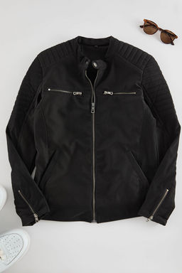 TRENDYOL MAN Siyah Slim Fit Fermuar Detayl? Deri K?sl?k Ruzgara ve Suya Dayan?kl? Biker Ceket Mont TMNAW25MO00046 - Trendyolmilla фото 7