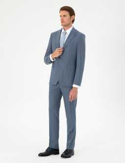 Koyu Mavi Slim Fit _izgili Y_n Ka_mir Kar___ml_ Tak_m Elbise