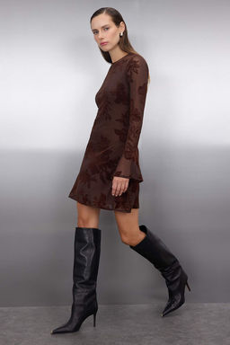 Cok Renkli Flok Bask?l? Bodycon Mini Tul Flare Kollu Astarl? Esnek Orme Elbise TWOAW26EL00029