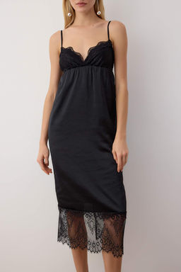 Siyah Dantel Detayl? Saten Midi Astarl? S?k/Gece Elbise TPRAW26EL00049 - Trendyolmilla фото 3