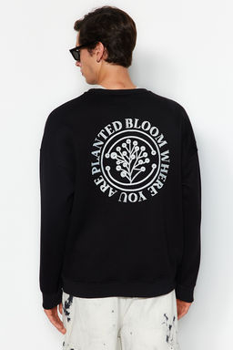 Siyah Oversize/Genis Kesim Cicek Nak?sl? Ici Polar/S?cak Tutan Sweatshirt TMNAW24SW00012
