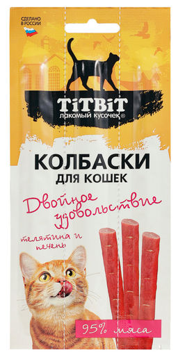 Колбаски для кошек Двойное удовольствие с телятиной и печенью, блистер