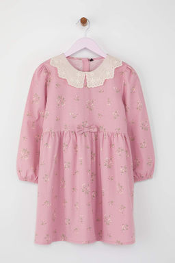 Gul Kurusu Pamuklu K?z Cocuk Midi Boy Bebe Yaka Dokuma Elbise TKDAW25EL00029