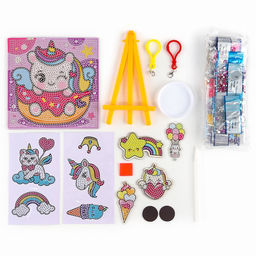 Алмазная мозаика 4в1 для детей. Создание стикеров, магнитов, брелоков и картины «Сказочные Единорожки», набор для творчества