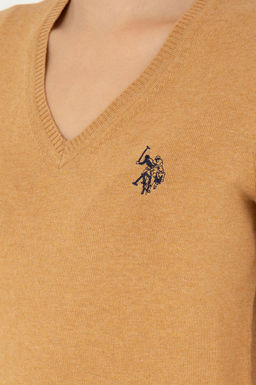 Женский базовый свитер светло-коричневого цвета с v-образным вырезом меланжевого цвета Неожиданная скидка в корзине - U.s. polo assn фото 7