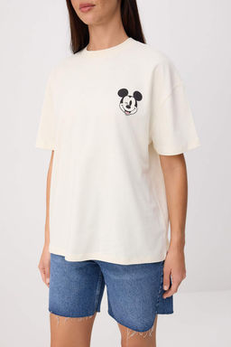 Ekru Mickey Mouse Lisansl? Bask?l? Oversize/Genis Kal?p Tok %100 Pamuk Orme T-Shirt TWOSS26TS00141