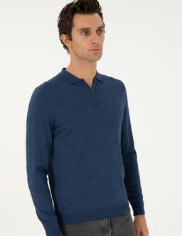 _ndigo Regular Fit Y_n Kar___ml_ Fermuarl_ Polo Yaka Basic Triko Kazak