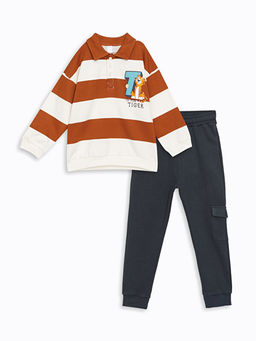 Polo Yaka Bask?l? Erkek Bebek Sweatshirt ve E?ofman Alt 2li Tak?m