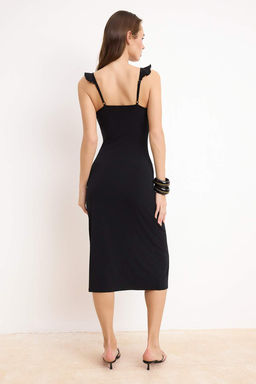 Siyah Bodycon V Yaka Kal?n Ask?l? Kolsuz Volanl?/F?rf?rl? Maxi Esnek Orme Elbise TWOSS26EL00202 - Trendyolmilla фото 4