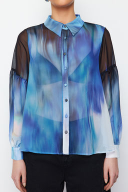 TRENDYOLMILLA Mavi Balon Kol Desenli Sifon Kumas Oversize Genis Kal?p Dokuma Gomlek TWOSS24GO00003  фото 4