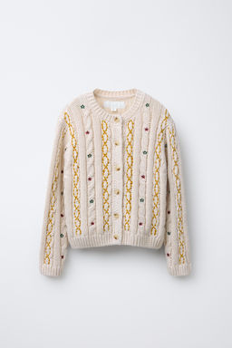 EMBROIDERED CABLE-KNIT CARDIGAN