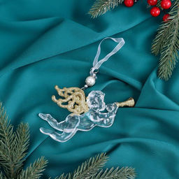 Цена за 2 шт. Ёлочная игрушка Зимнее волшебство. Ангел с трубой, 148 см, прозрачно-золотой фото 5