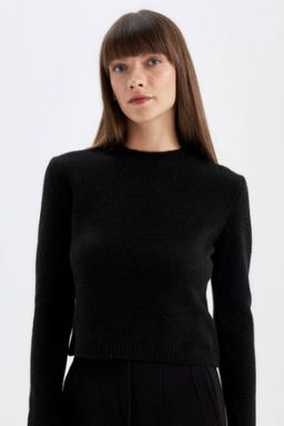Regular Fit Bisiklet Yaka Premium Basic Duz Crop Triko Kazak