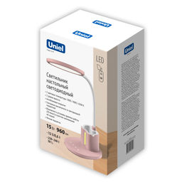 ULM-D150 15W/3000-6500K/DIM PINK Светильник настольный светодиодный с подставкой под телефон и канцелярские принадлежности. С ночной подсветкой. Сенсорный выключатель. Диммер. Розовый. TM Uniel