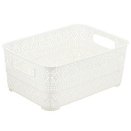 Домашняя мода Корзина пластмассовая для хранения Вышивка 26,5х19см h11,1см, матовый пластик, с серой крышкой, с ручками, ванильный (Китай)  фото 2