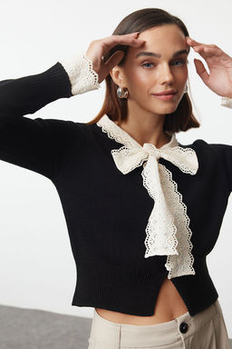 Siyah Crop Dantel Garnili Kurdele/Fiyonk Detayl? Triko H?rka TWOAW25HI00251