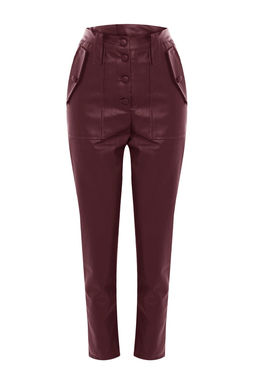 Limited Edition Bordo Havuc Dokuma Onden Dugmeli Suni Deri Pantolon TWOAW22PL0083
