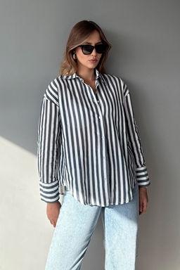 Kahverengi Bej Cizgili Oversize Gomlek TWOAW26GO00093 - Trendyolmilla фото 10