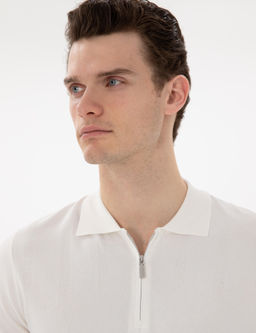 Ekru Slim Fit Fermuarl_ Polo Yaka Triko Ti__rt
