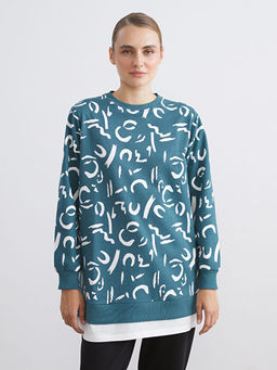 B?y?k Beden Bisiklet Yaka Desenli Kad?n Sweatshirt Tunik
