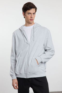 Gri Melanj Regular/Normal Kesim Fermuarl? Kapusonlu Basic Sweatshirt TMNAW25SW00114