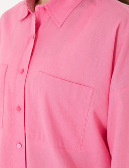 A__k Pembe Oversize Keten Kar___ml_ Uzun Kollu G_mlek