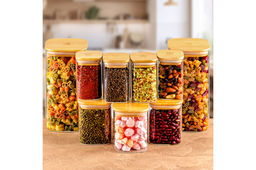 Набор 9 банок д/хранения 3 пр. 450 мл+4 пр. 250 мл+2 пр. 1,6 л Crystal glass+ бамб.крыш. с сил.упл