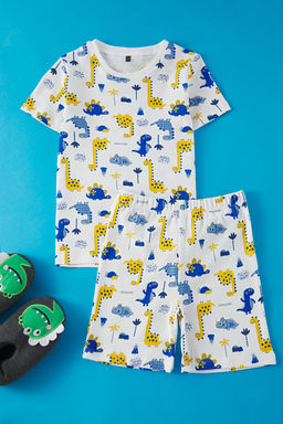 Cok Renkli Erkek Cocuk %100 Pamuklu Dinozor Bask?l? Alt Ust Pijama Tak?m? TKDSS25PT00014