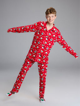 G?mlek Yaka Y?lba?? Temal? Erkek ?ocuk Pijama Tak?m?