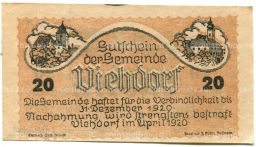 Банкнота 20 геллеров 1920 года Австрия Фидорф (нотгельд)